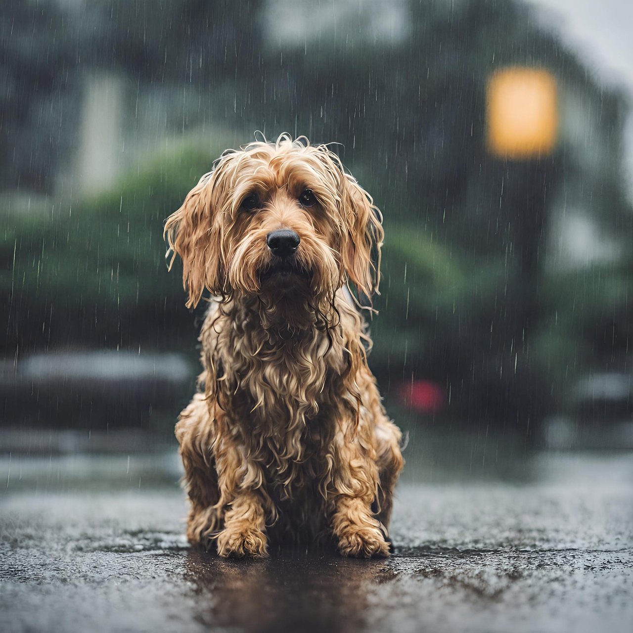 Dog sitting in the rain